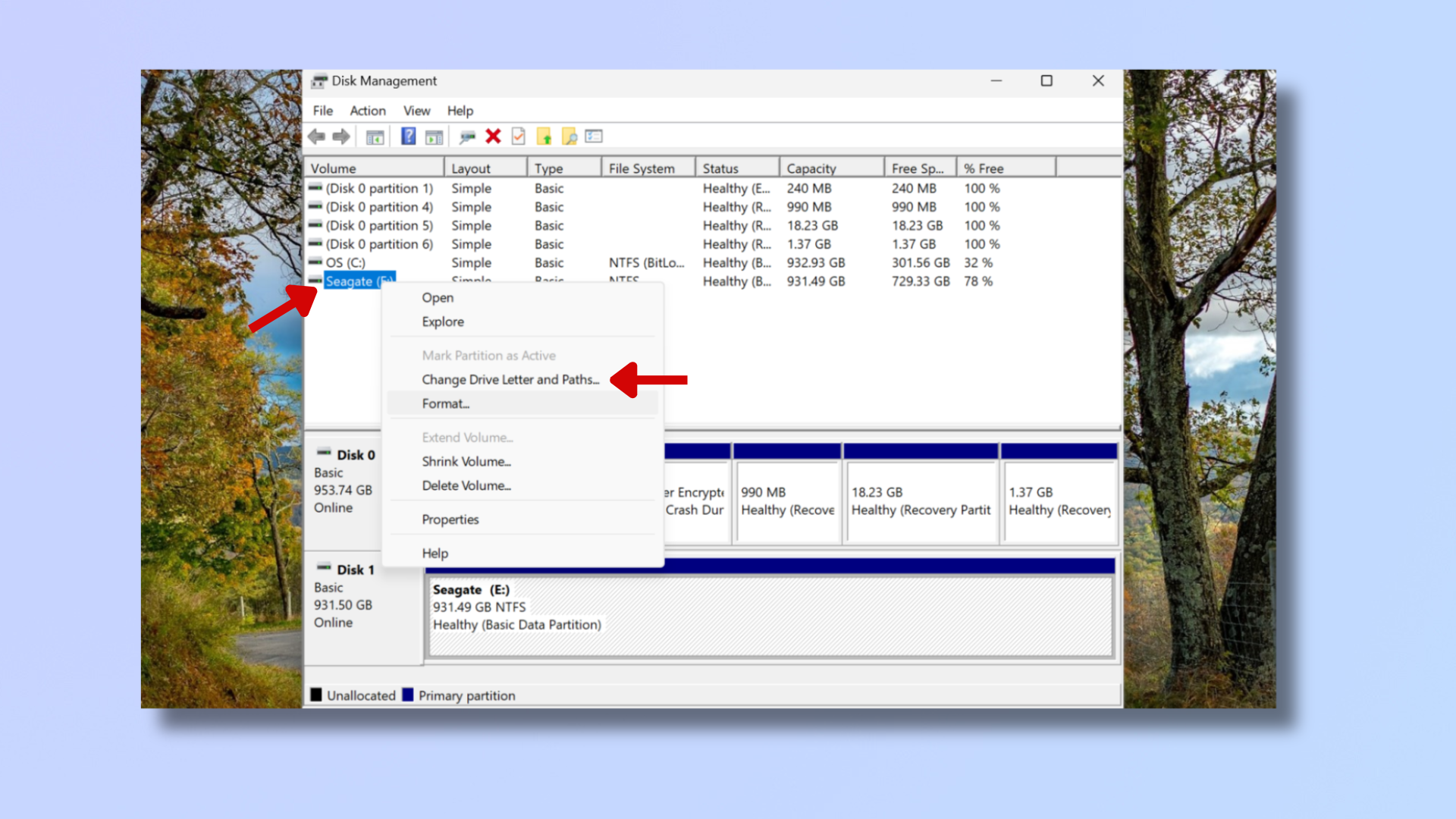 A screenshot of the Disk Management tool on Windows, with red arrows pointing at a hard drive and at Change Drive Letter and Paths. 