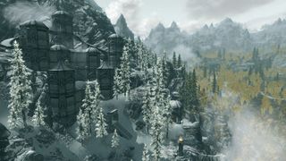 Best Skyrim mods — a sprawling Dwemer ruin built into the side of a Skyrim mountain.