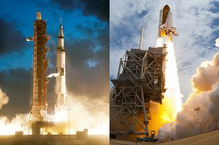 First and last launches, for now: The Apollo 4 Saturn V liftoff (left) and STS-135 space shuttle launch were the first and last to leave Launch Pad 39A in 1967 and 2011, respectively.