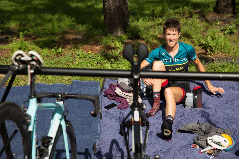 Amy Benner (Medica Collegiate All Stars) shows that you don't need a fancy team bus to race your bike.