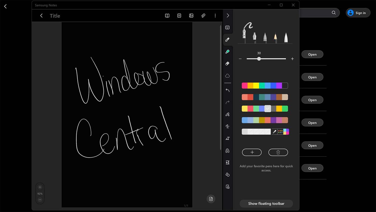 Samsung Notes screenshot with "Windows Central" written on the screen.