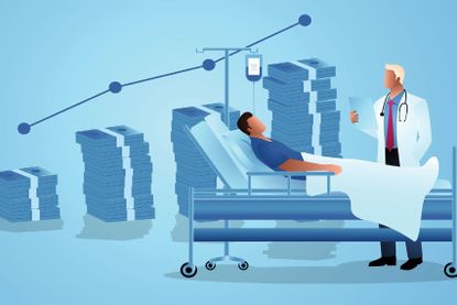 Vector illustration of a doctor visiting a patient with a rising bar graph made of money stacks in the background, symbolizing the rising cost of healthcare. KRR387.ITAO.doctorGetty2177455412