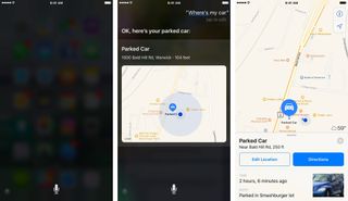 To find a parked car with Siri, say "Hey, Siri" then say "Where's My car?" Tap the parked car icon to see the location on the map.