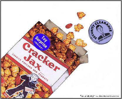 Political Cartoon U.S. Cracker Jack Trump Jared Kushner Security Clearance
