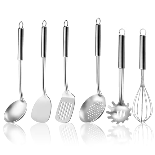 Gymdin 6-Piece Kitchen Cooking Utensils Set, Stainless Steel Kitchen Utensils With Suspendable Handle, Spatula, Slotted Turner, Soup Ladle, Slotted Spoon, Whisk, Pasta Server, Dishwasher Safe