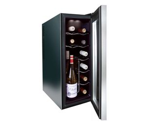 Image of Husky HN6 Slim Line Wine Cooler with the door open and bottles of wine inside