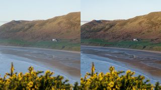 Before and after of a coastal image being edited with the ClearView Plus tool in DxO PhotoLab 6