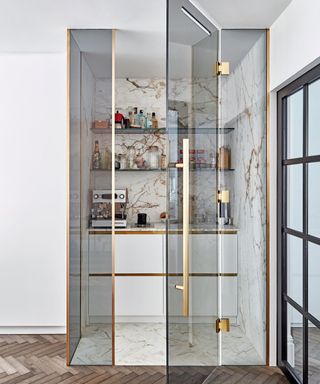 Marble backed pantry behind smoked glass doors
