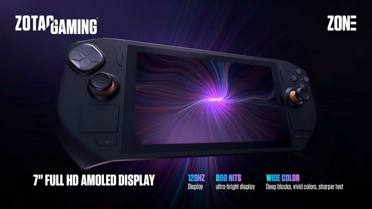 Promotional image of the features of the Zotac Gaming Zone handheld PC.