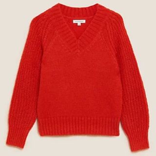 Red ribbed v-neck sweater