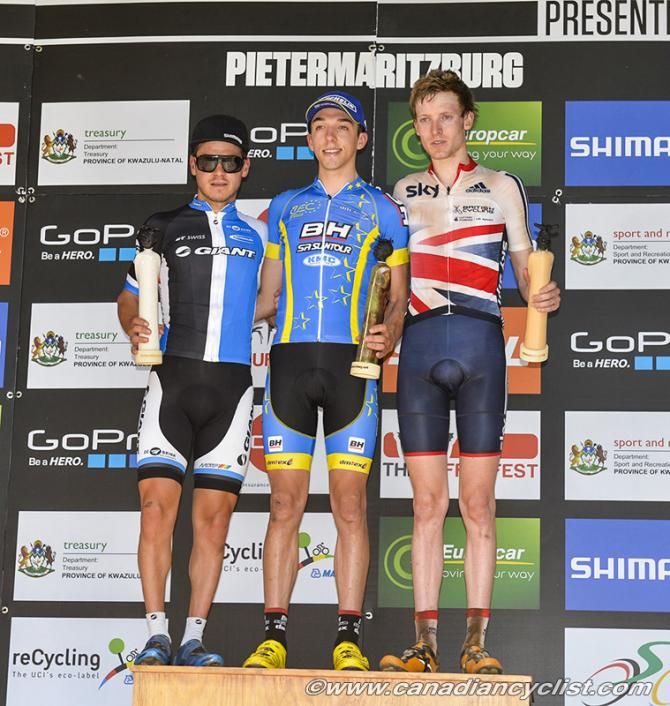 U23 men's Pietermaritzburg World Cup podium: Michiel van der Heijden, Jordan Sarrou, Grant Ferguson