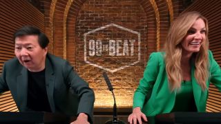 Erin Andrews and Ken Jeong sit in a booth and describe the action on 99 To Beat.