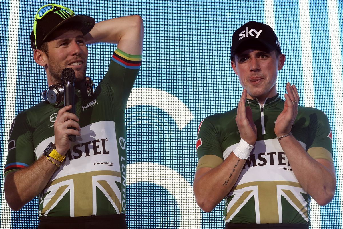 Mark Cavendish and Peter Kennaugh on the final podium in second place
