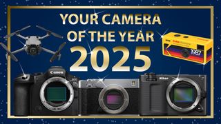 Gear of the year 2025 with gold writing and border and a blue background with cameras 