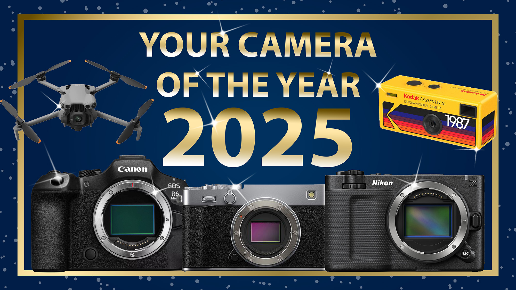 Gear of the year 2025 with gold writing and border and a blue background with cameras 
