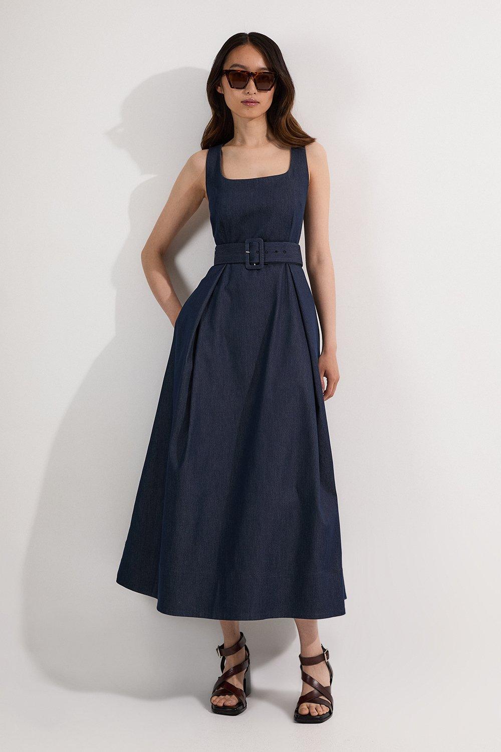 Tailored Denim Full Skirt Midi Dress
