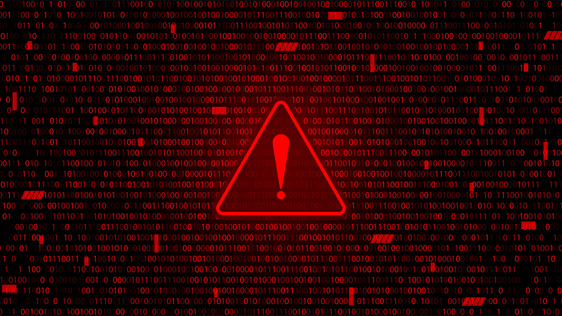 Malware concept image showing red-colored alert symbol imposed over binary code in background.