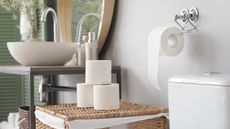 Toilet paper rolls on top of basket with sink
