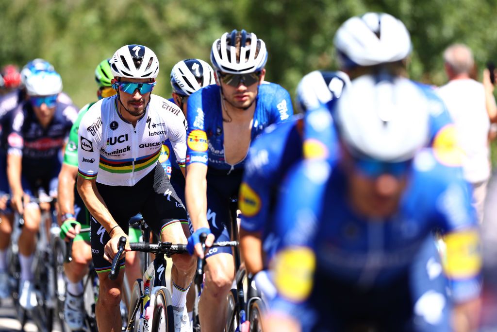 CARCASSONNE FRANCE JULY 09 Julian Alaphilippe of France and Team Deceuninck QuickStep during the 108th Tour de France 2021 Stage 13 a 2199km stage from Nmes to Carcassonne LeTour TDF2021 on July 09 2021 in Carcassonne France Photo by Michael SteeleGetty Images