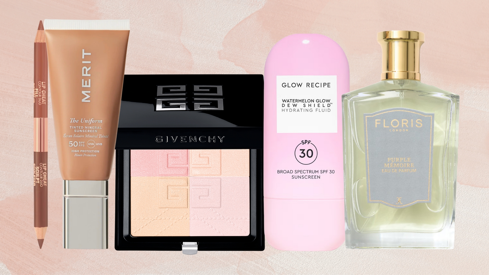 Collage of May 2025&#039;s best new beauty launches (L-R) Charlotte Tilbury Lip Cheat Contour Duo, Merit The Uniform Tinted SPF Sunscreen, Givenchy Beauty 4 Colour Pressed Powder, Glow Recipe Watermelon Glow Dew Shield Sunscreen, Floris Purple Memoire, on a pink watercolour background