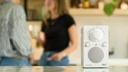 The new grey Tivoli Audio PAL BT in a kitchen with a couple blurry in the background