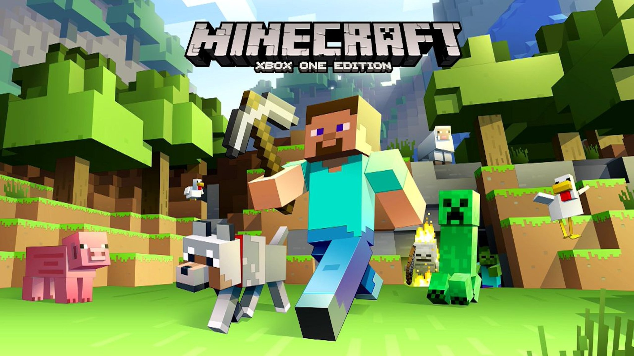 Minecraft: Xbox One Edition promotional artwork featuring Steve holding a pickaxe, alongside a Creeper, wolf, pig, and other animals.