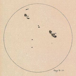 A drawing of the sun made by Galileo Galilei on June 23, 1613 showing the positions and sizes of a number of sunspots. Galileo was one of the first to observe and document sunspots.