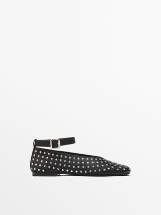 Studded Ballet Flats With Ankle Strap