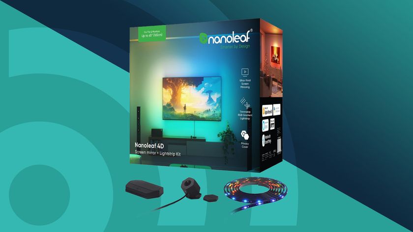 Nanoleaf 4D lighting kit and box on teal background