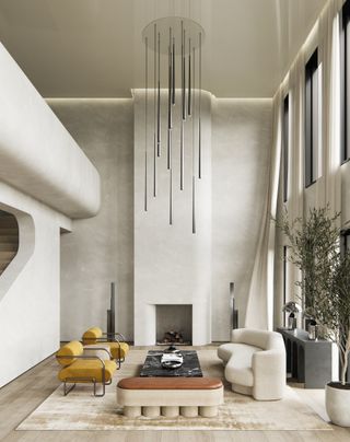 A living room with statement ceiling light