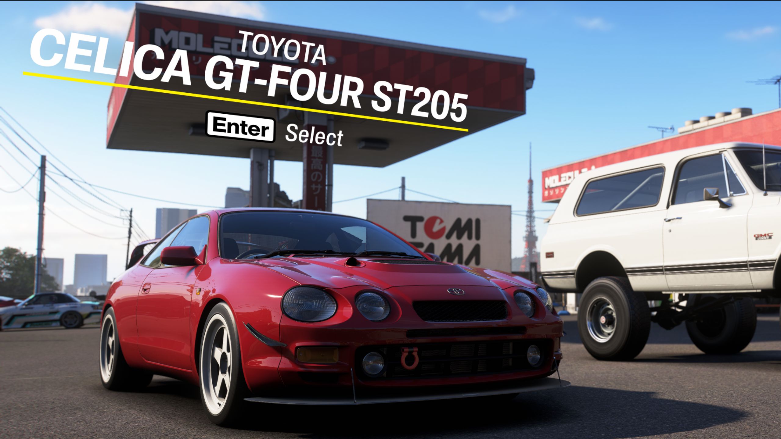 Forza Horizon 6 cars list: The Toyota Cilica GT-Four ST205 starter car outside a fuel station, lined up next to the other choices.