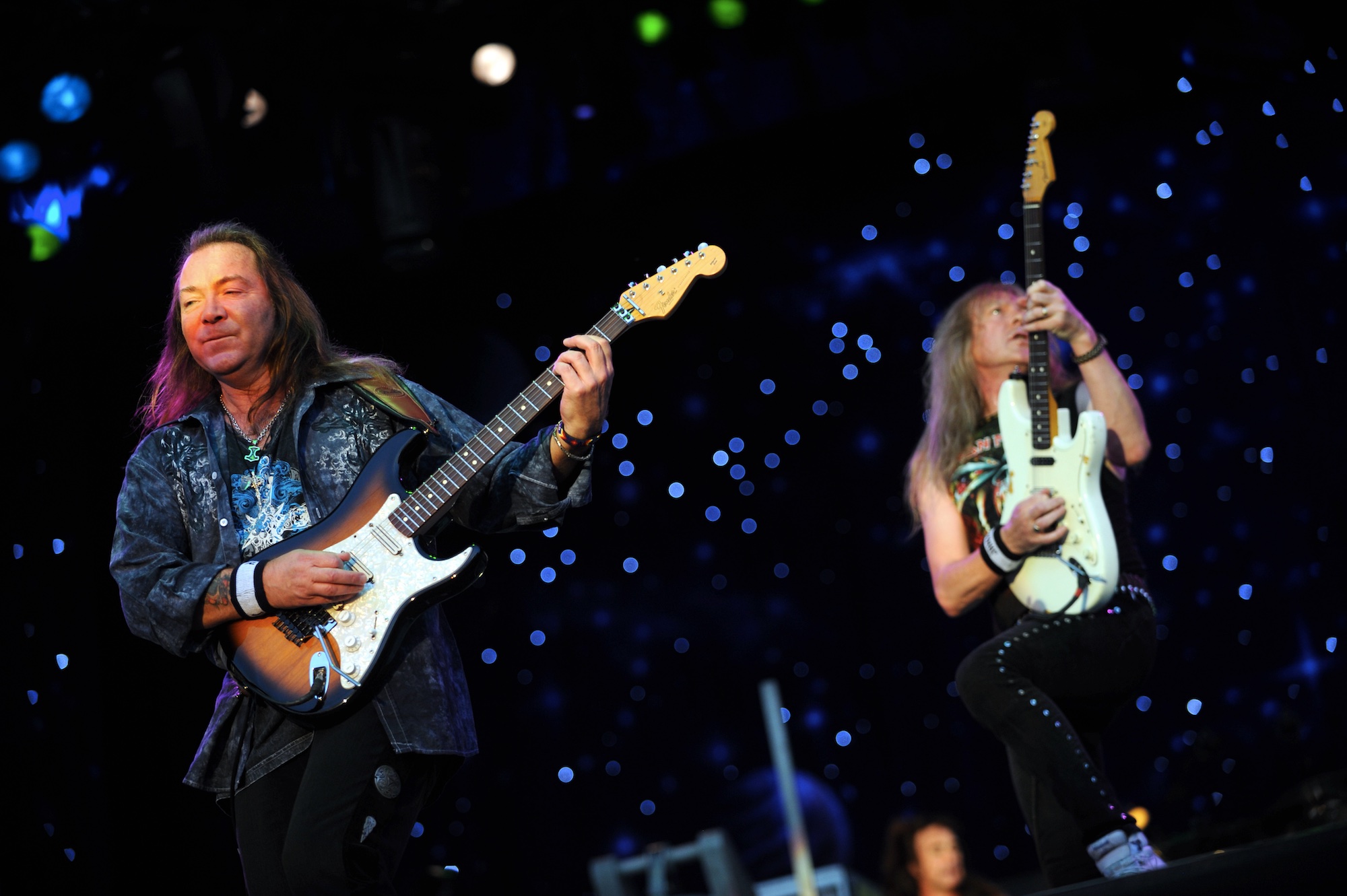 Dave Murray (left) and Janick Gers wield their Stratocasters onstage with Iron Maiden in Belgium on August 19, 2010