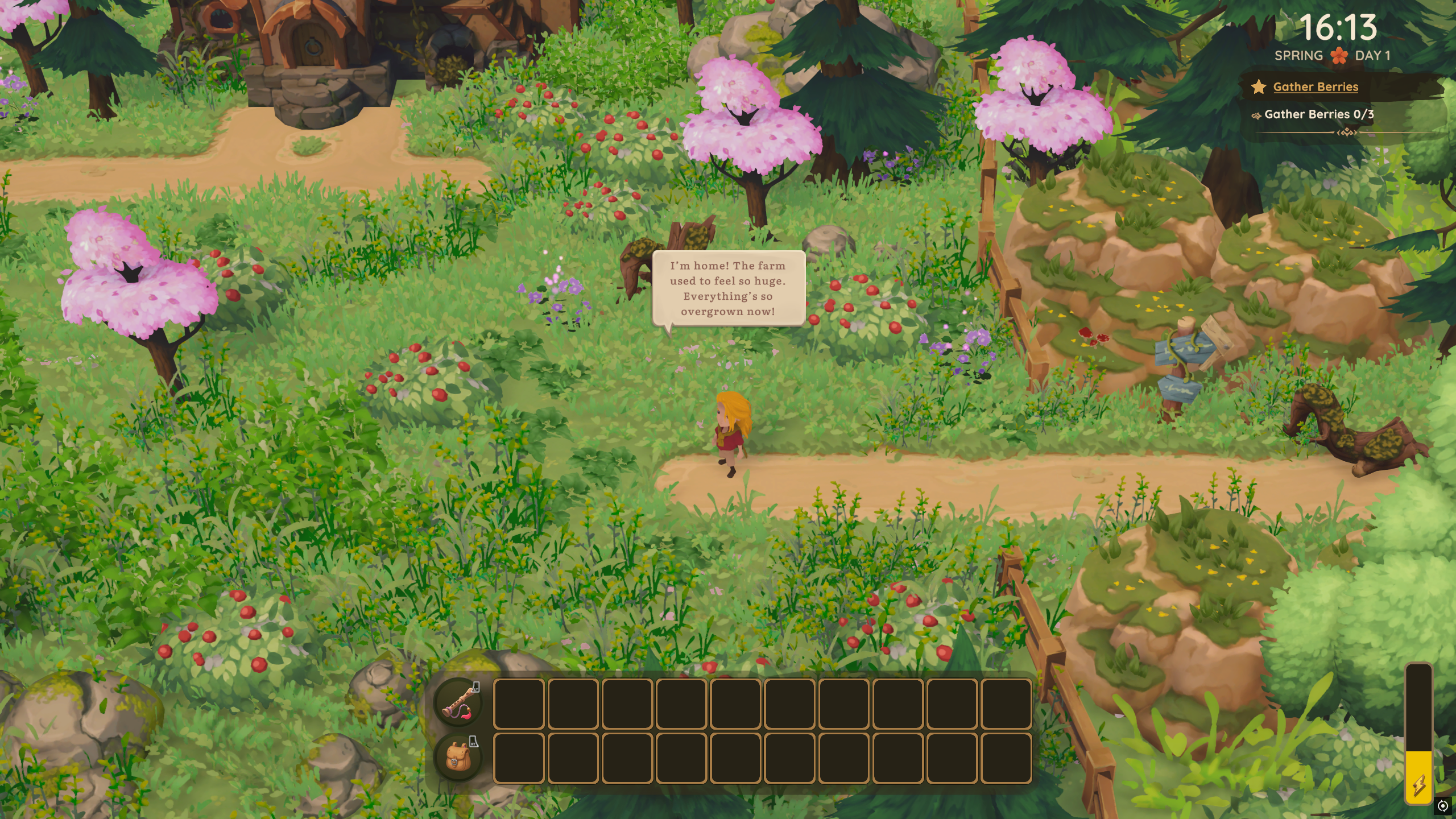 Dragon Shelter - A player character stands on a dirt path to an overgrown farm