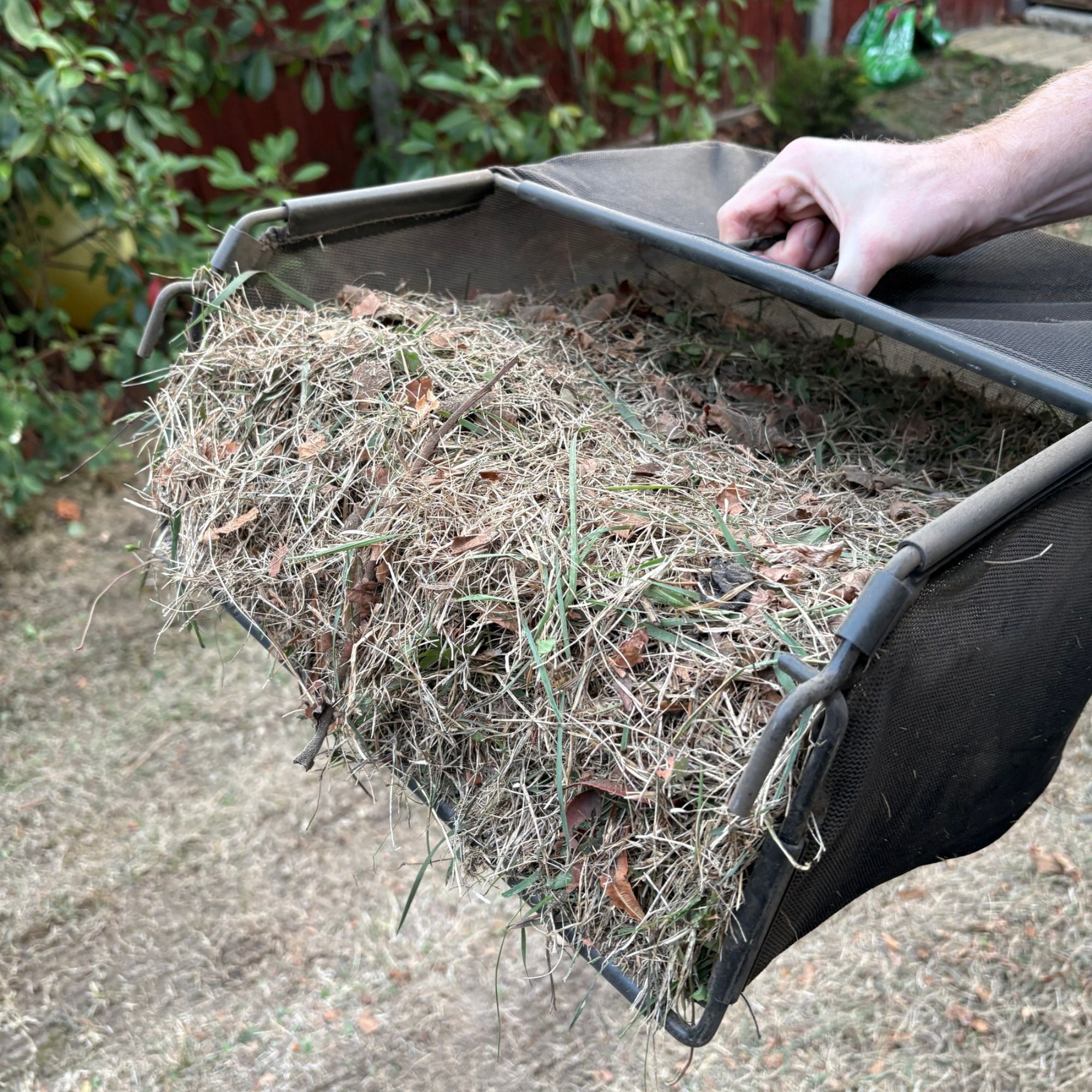 Vonhaus Lawn Scarifier &amp;amp; Aerator 1500W collection bag filled with thatch