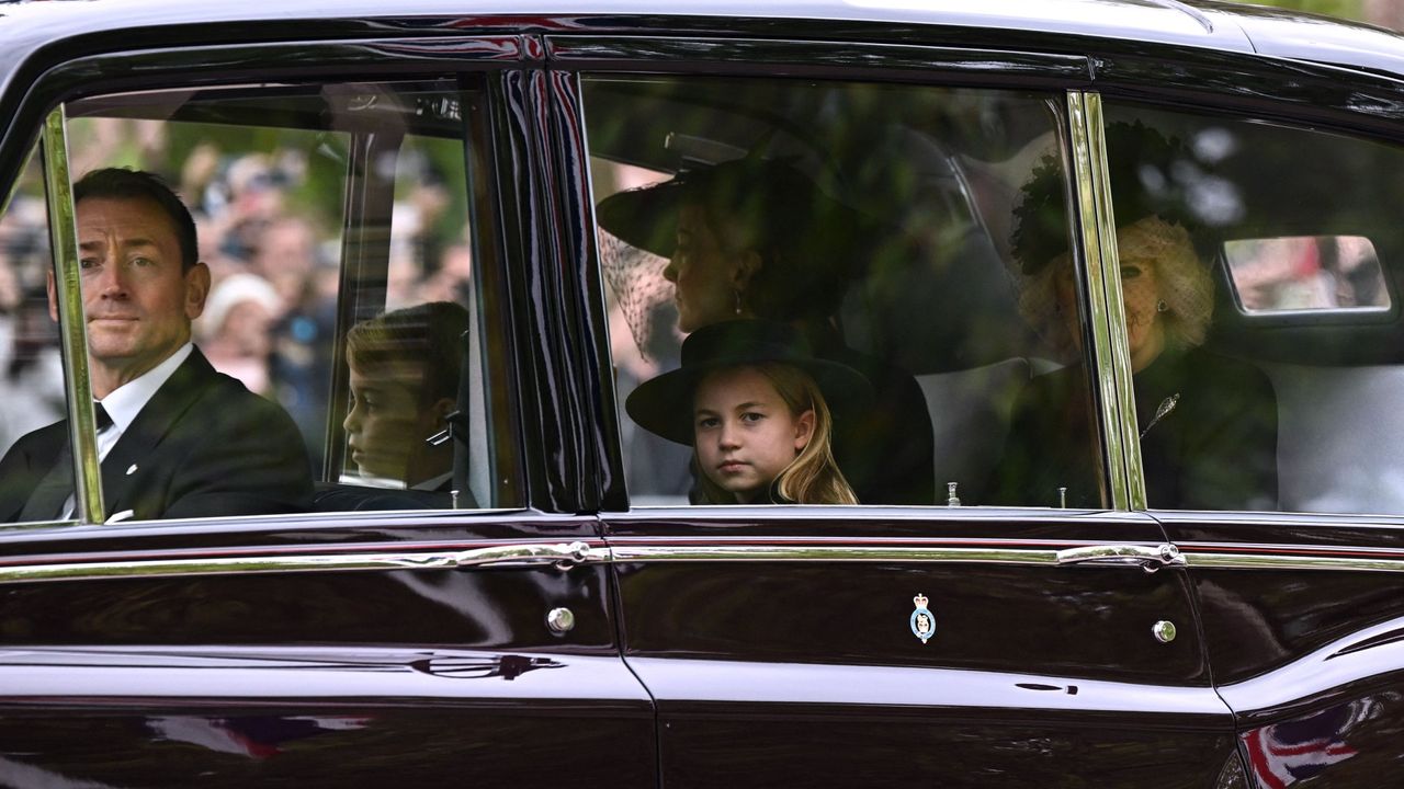 Catherine, Princess of Wales, Princess Charlotte of Wales and Prince George of Wales arrive at Westminster Abbey for The State Funeral of Queen Elizabeth II on September 19, 2022 in London, England. 