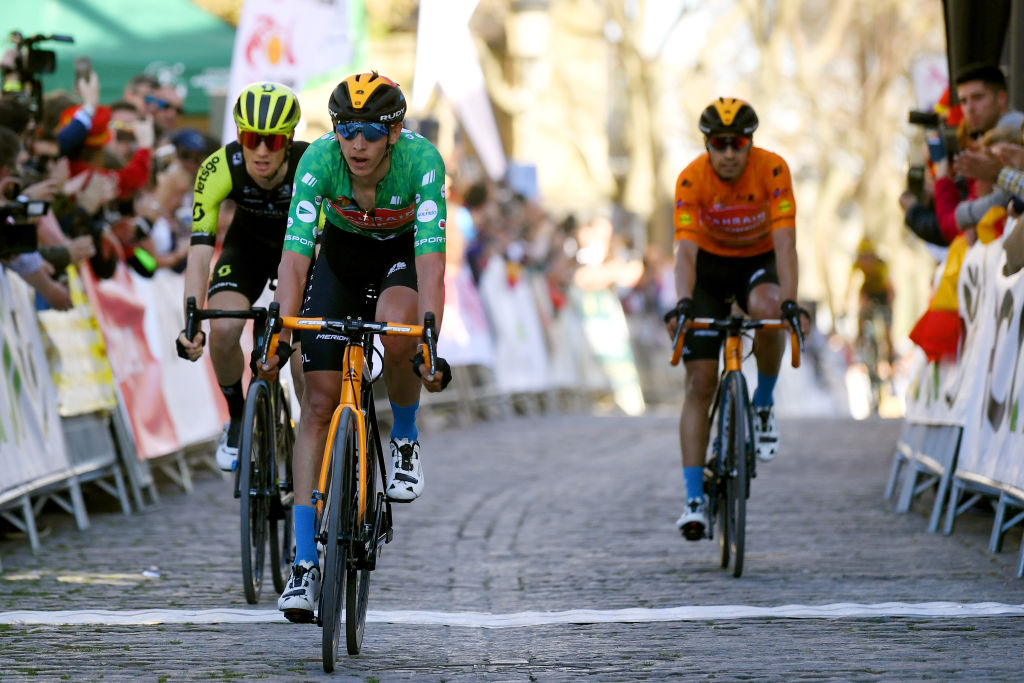 BEDA SPAIN FEBRUARY 21 Arrival Dylan Teuns of Belgium Team Bahrain McLaren Green Points Jersey Jack Haig of Australia and Team MitcheltonScott Mikel Landa of Spain and Team Bahrain McLaren Orange Mountain Jersey during the 66th Vuelta a Andaluca Ruta del Sol 2020 Stage 3 a 1769km stage from Jan to beda 727m VCANDALUCIA UCIProSeries on February 21 2020 in beda Spain Photo by David RamosGetty Images