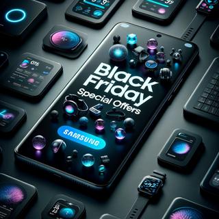 a close-up of a high-resolution smartphone screen displaying the words "Black Friday Special Offers", surrounded by smaller images of various Samsung products like wearables, tablets, and home appliances.