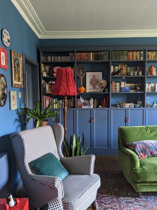 Ikea billy bookcases turned into a blue library wall