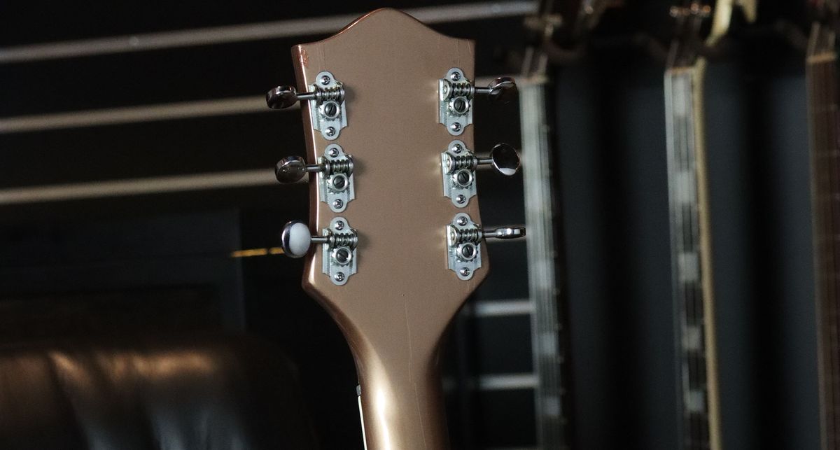 This pristine 1955 Gretsch Streamliner is finished in Jaguar Tan over Copper Mist and photographed in close-up.