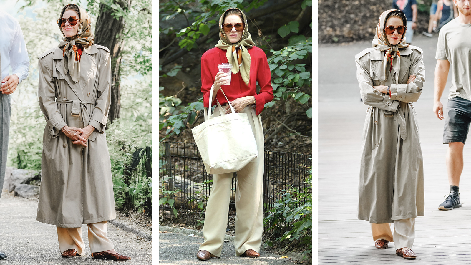 Naomi Watts on set as Jackie Kennedy in New York wearing a trench coat, silk scarf and oversized sunglasses