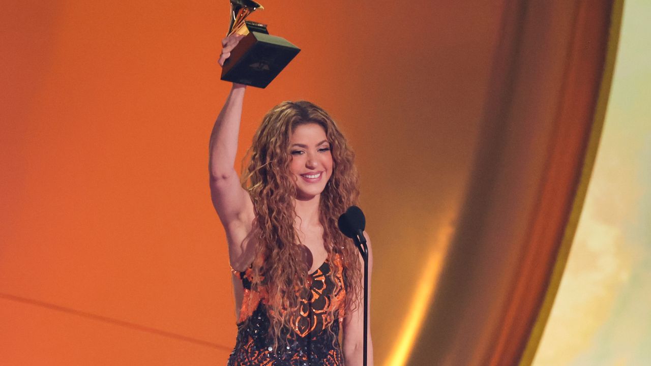 Shakira accepts the award for Best Latin Pop Album at the 2025 Grammys.