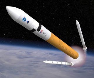 This artist's concept shows the Ares V cargo launch vehicle, a rocket that may be similar to NASA's Space Launch System (SLS) in many ways.