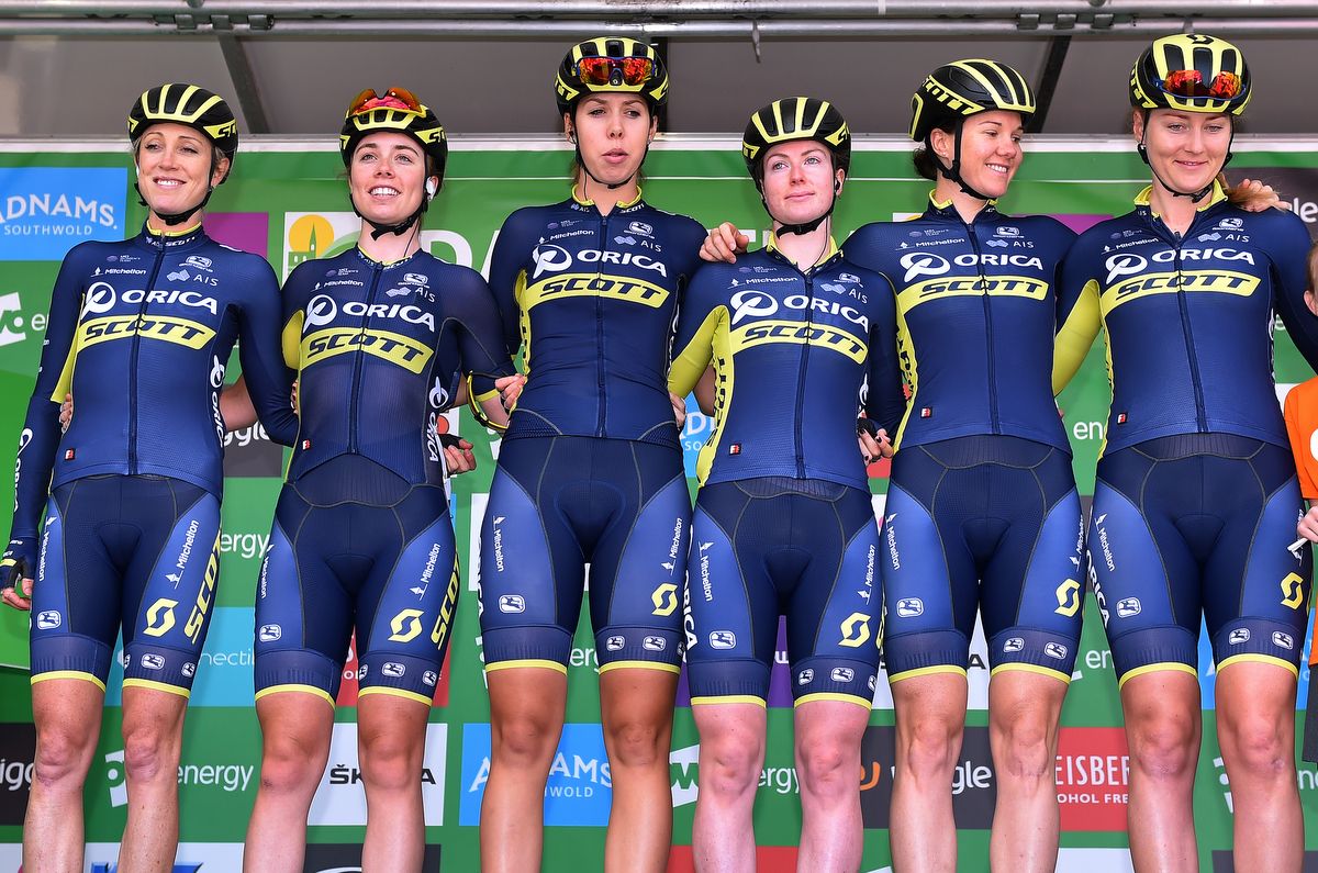 The Orica-Scott team are presented to the crowd