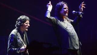 Black Sabbath's Tomy Iommi (left) and Ozzy Osbourne on stage at Lollapalooza in Chicago, August 2012.