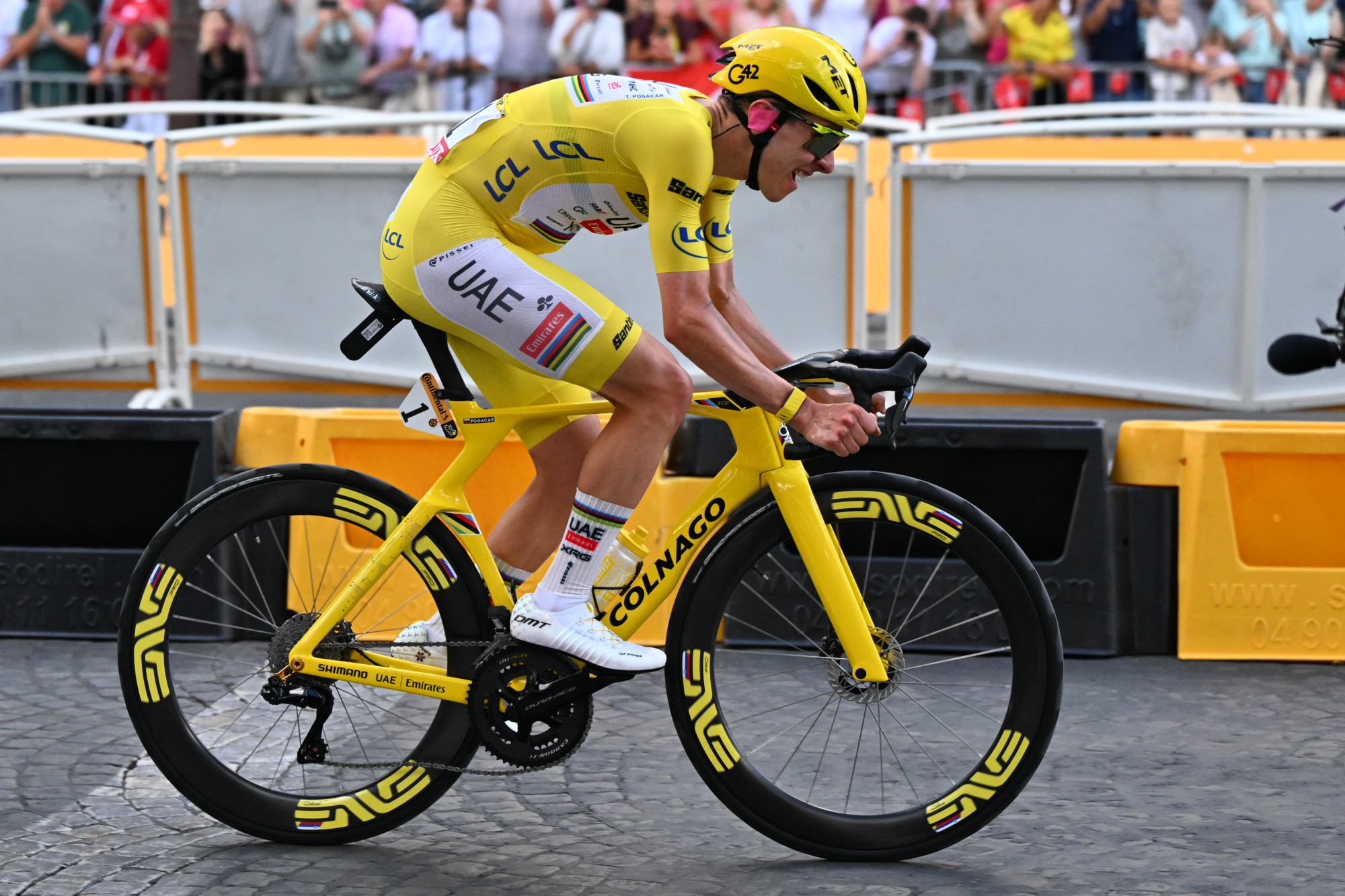 Tadej Pogacar riding his Colnago Y1Rs aeo bike