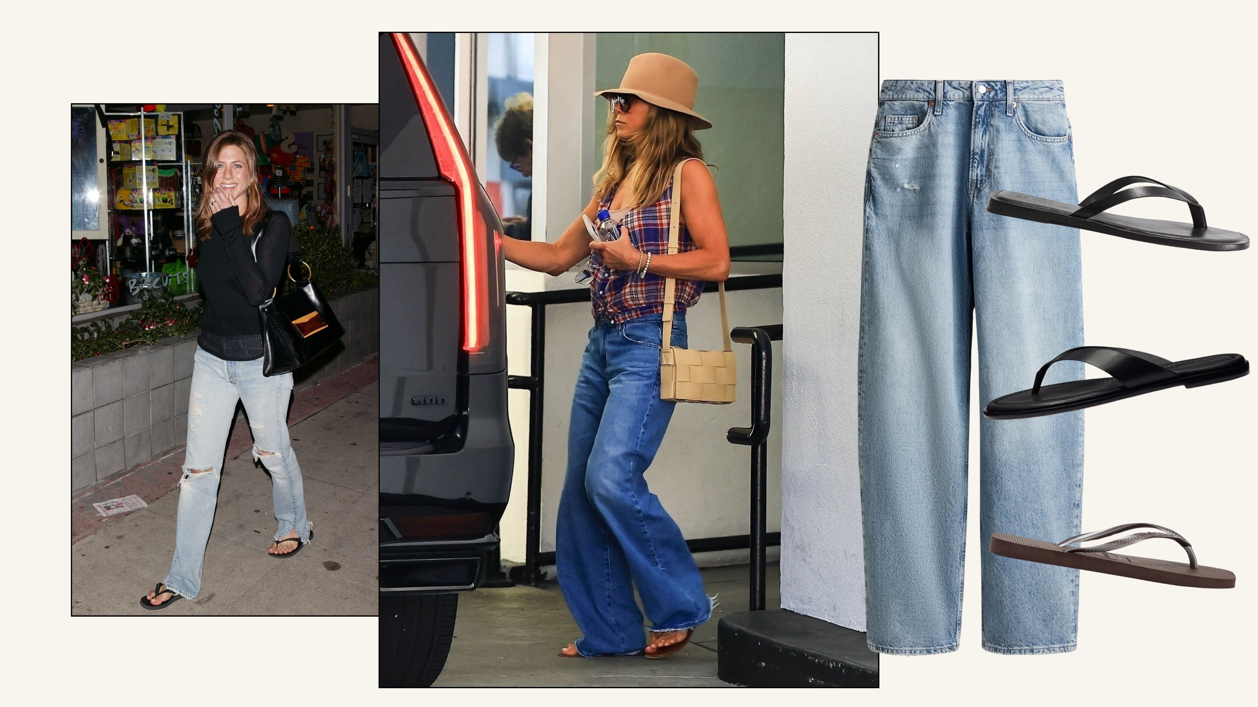 Jennifer Aniston wears baggy jeans and flip-flops in 20024 and 2025.