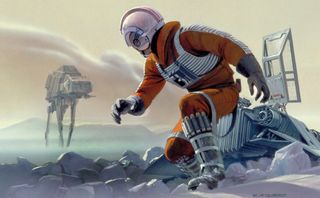 Star Wars art: a pilot scrambles from a crashed spaceship on Hoth