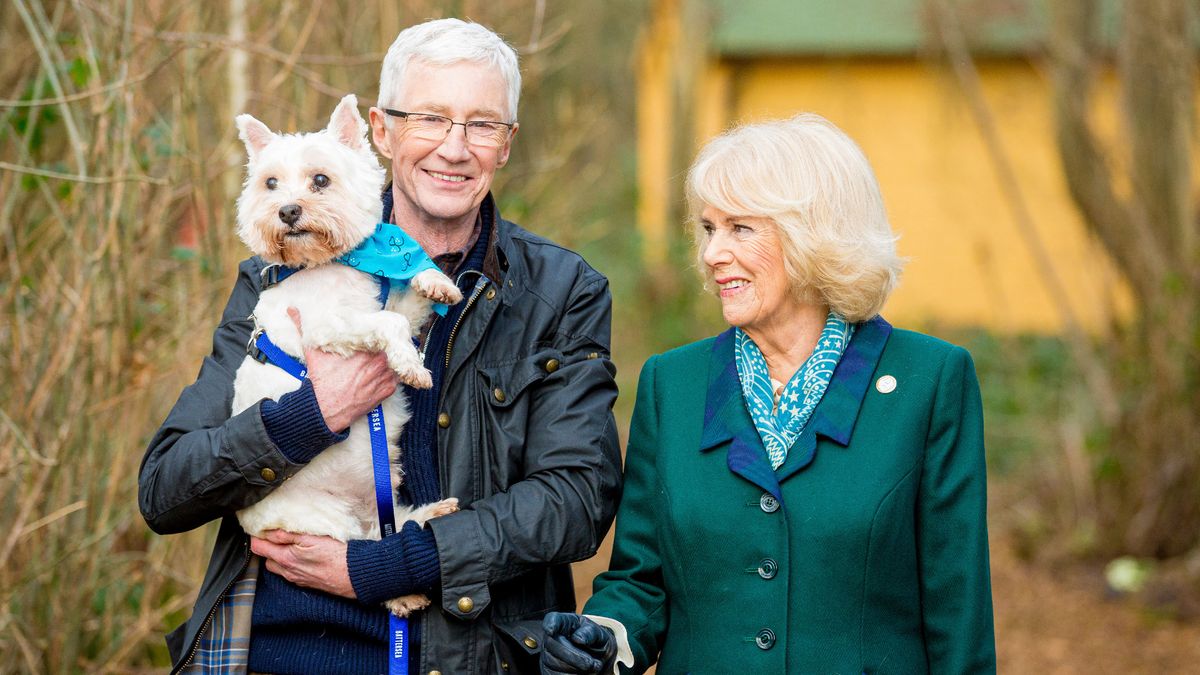 Her Majesty The Queen Consort (right) joins Battersea Ambassador Paul O&#039;Grady (left) and George the West Highland White Terrier at Battersea Brands Hatch site in Kent