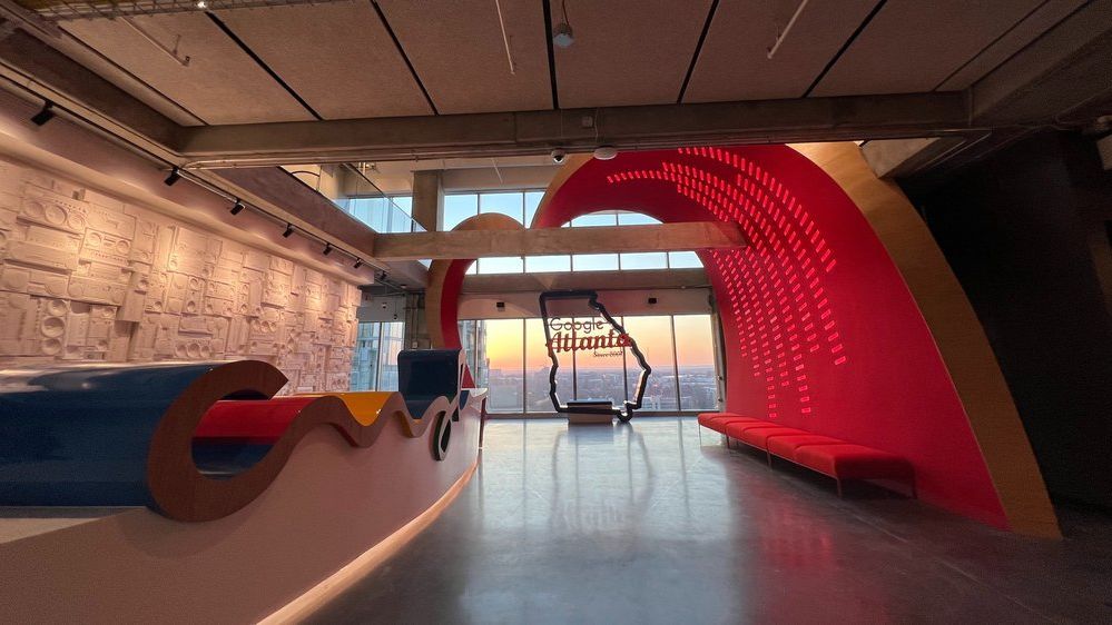 The giant heart outlining the Google Atlanta sign greeting visitors in the company&amp;#039;s new office