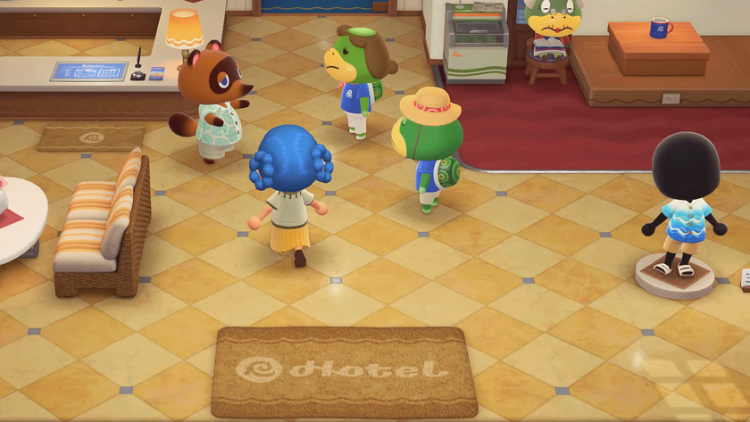 The Resort Hotel Lobby in Animal Crossing: New Horizons, with Tom Nook and Kapp&#039;n&#039;s family